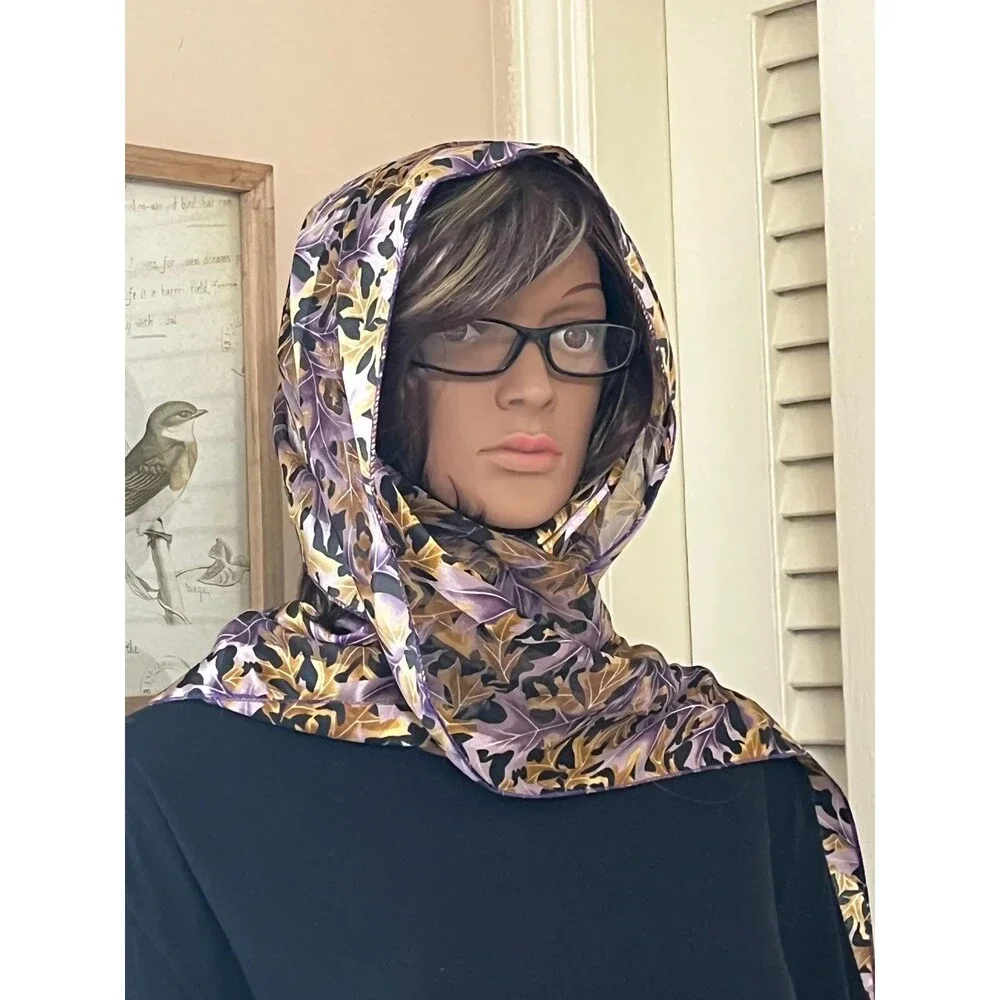 Classic Vintage 1980s Leaf Scarf: Copper, Purple & Black Silky Wrap